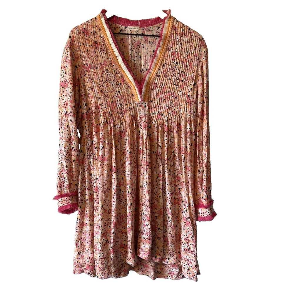 Poupette St Barth Pink Long Sleeve Floral Boho Rayon Dress Size Large
